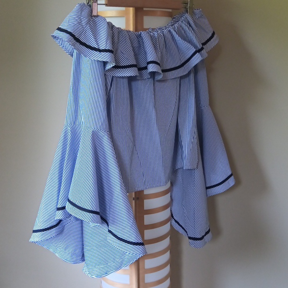 Ptp19" Striped Off-Shoulder Ruffled Blouse with Flared Sleeves - Picture 8 of 12